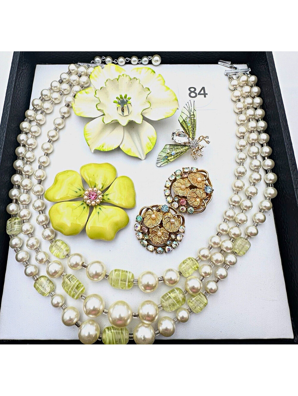 Estate Japan triple necklace 3 brooches & clip earrings